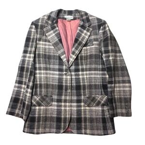 Vintage Addenda Blazer Women 14 Black Plaid Wool Blend Two Button Lined Jacket